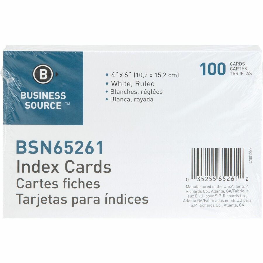 Business Source Ruled Index Cards - Front Ruling Surface - Ruled Front Ruling - 72 lb Basis Weight - 6" x 4" Sheet Size