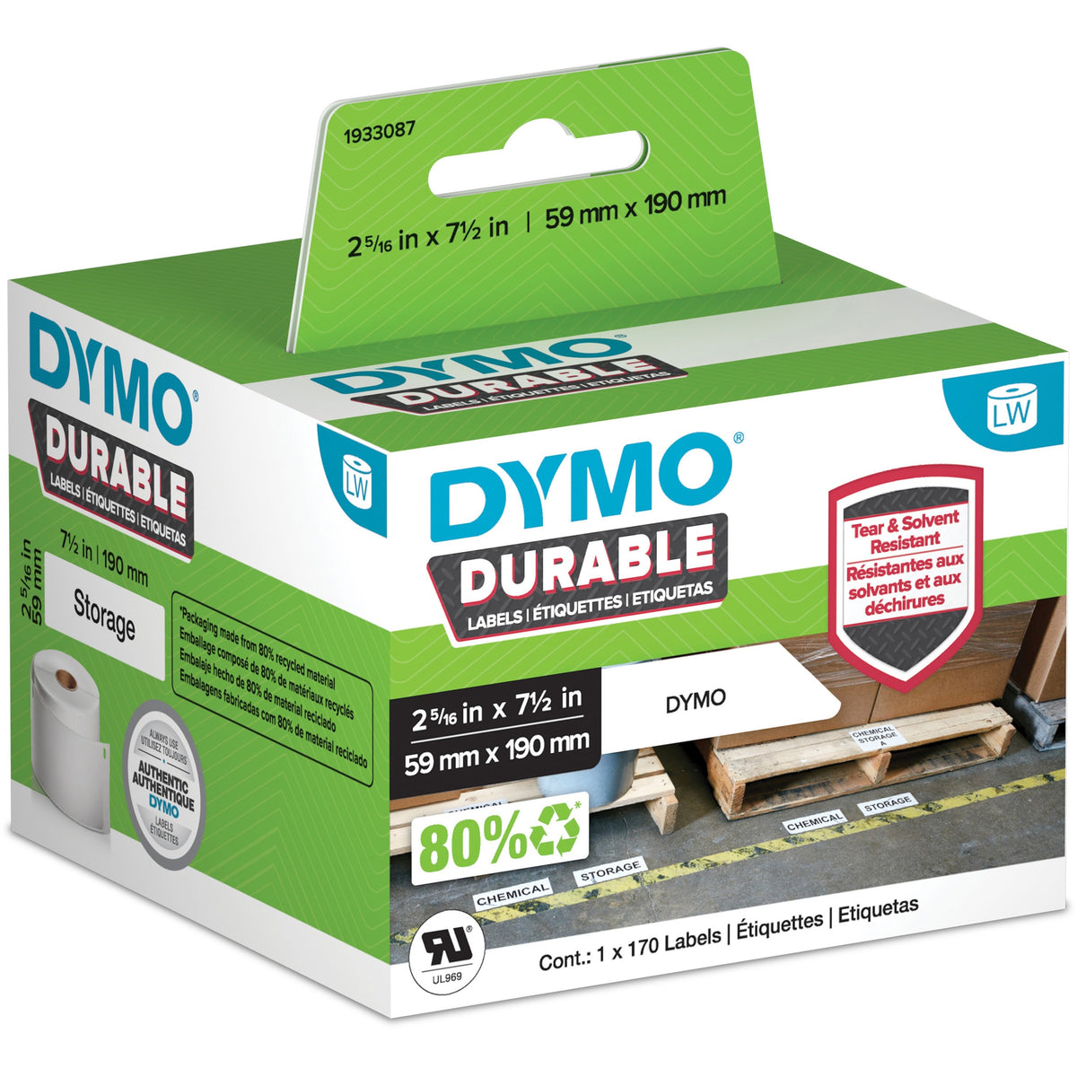 Dymo 1933087 ID Label - 2 21/64" Width x 7 31/64" Length - White - Polypropylene - 170 / Roll - 170 Total Label(s) - 1 E