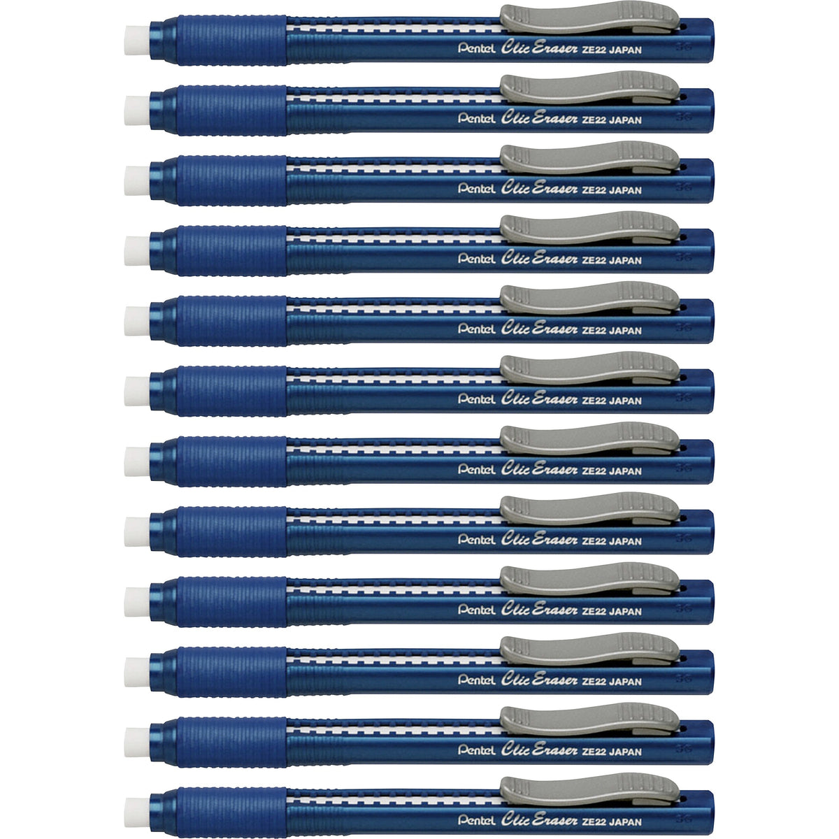 Pentel Rubber Grip Clic Eraser - Blue Barrel - Pen - Refillable - 12 / Box - Retractable, Latex-free Grip, Pocket Clip,