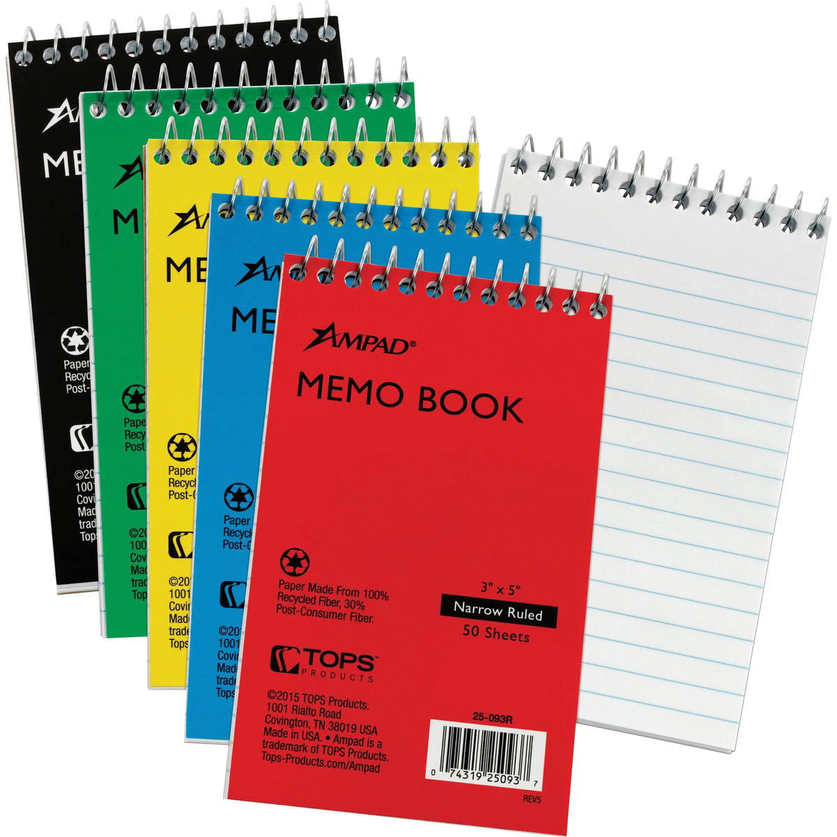 Ampad Topbound Memo Notebooks - 50 Sheets - Wire Bound - 3" x 5" Sheet Size - White Paper - Assorted Pressboard Cover -