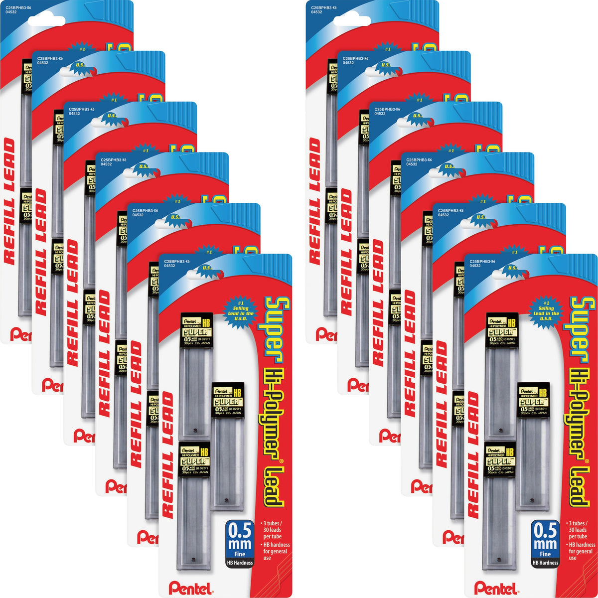 Pentel Super Hi-Polymer Leads - 0.5 mm , Fine Point - HB - Graphite Lead - 30/Tube - 12 / Box