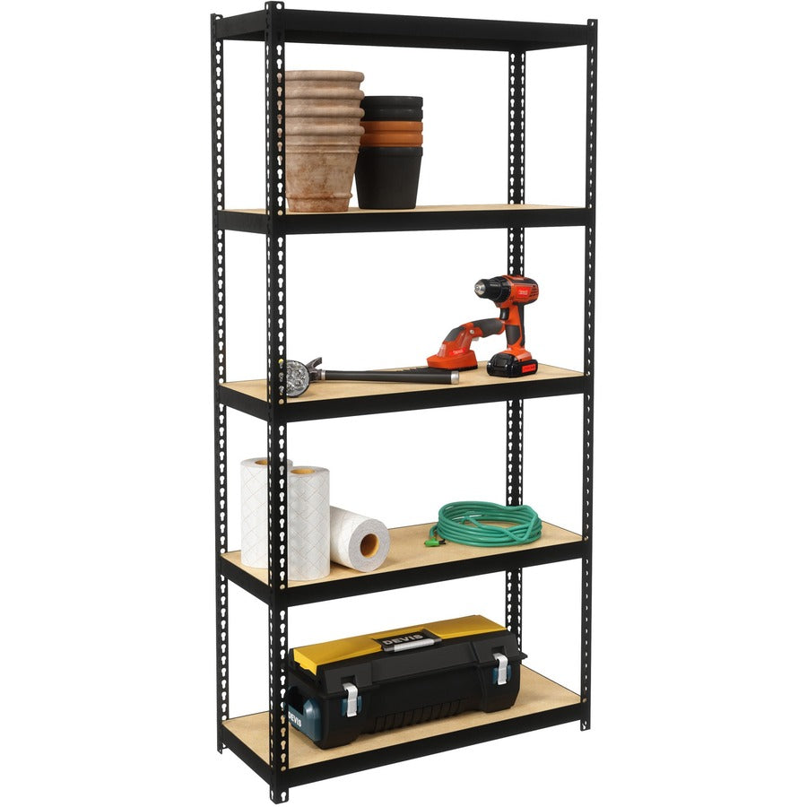 Lorell Narrow Riveted Shelving - 5 Shelf(ves) - 60" Height x 30" Width x 12" Depth - 28% Recycled - Black - Steel - 1 Ea