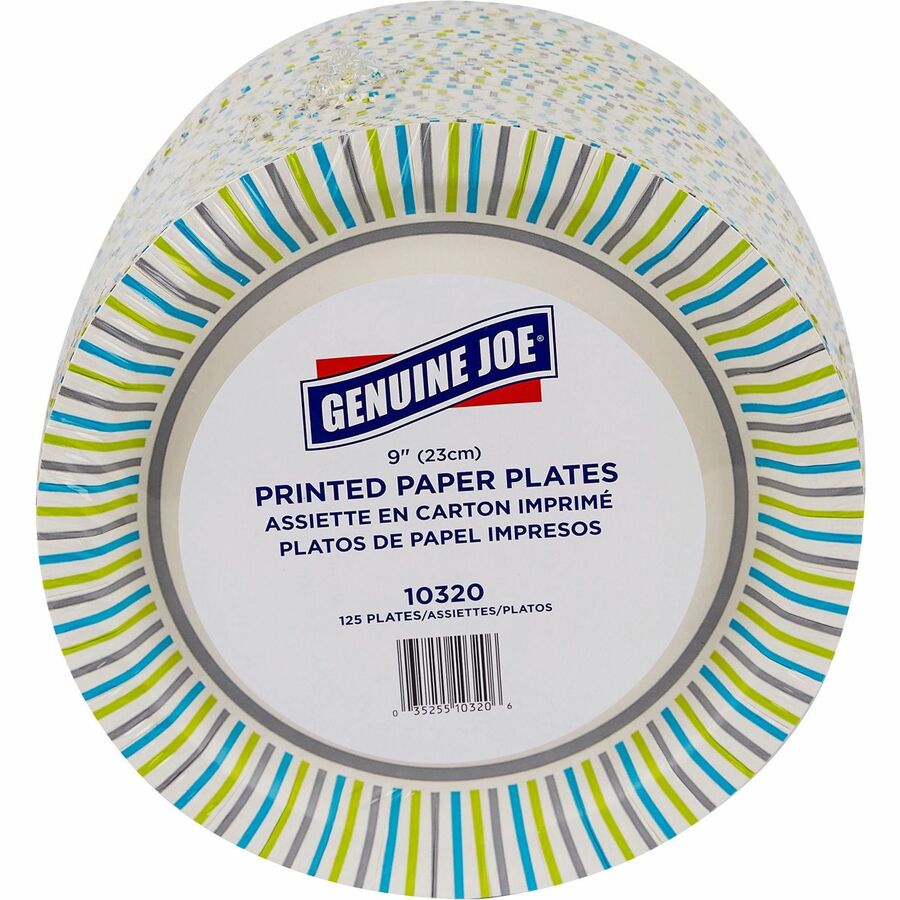 Genuine Joe 9" Printed Paper Plates - Disposable - 9" Diameter - Assorted - 125/Pack - 4 / Carton