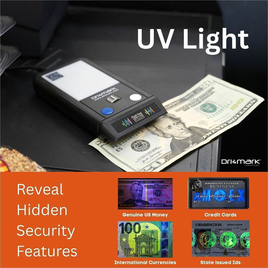 Dri Mark Flash Test Counterfeit Detector - Ultraviolet, Watermark, Ink - 1 Second - Black - 1 Each