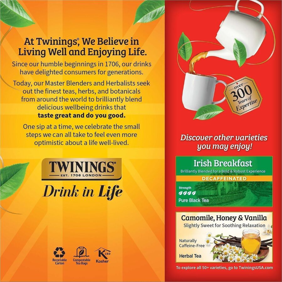 Twinings of London Decaf English Breakfast Black Tea Bag - 1.8 oz - Decaffeinated - 25 / Box