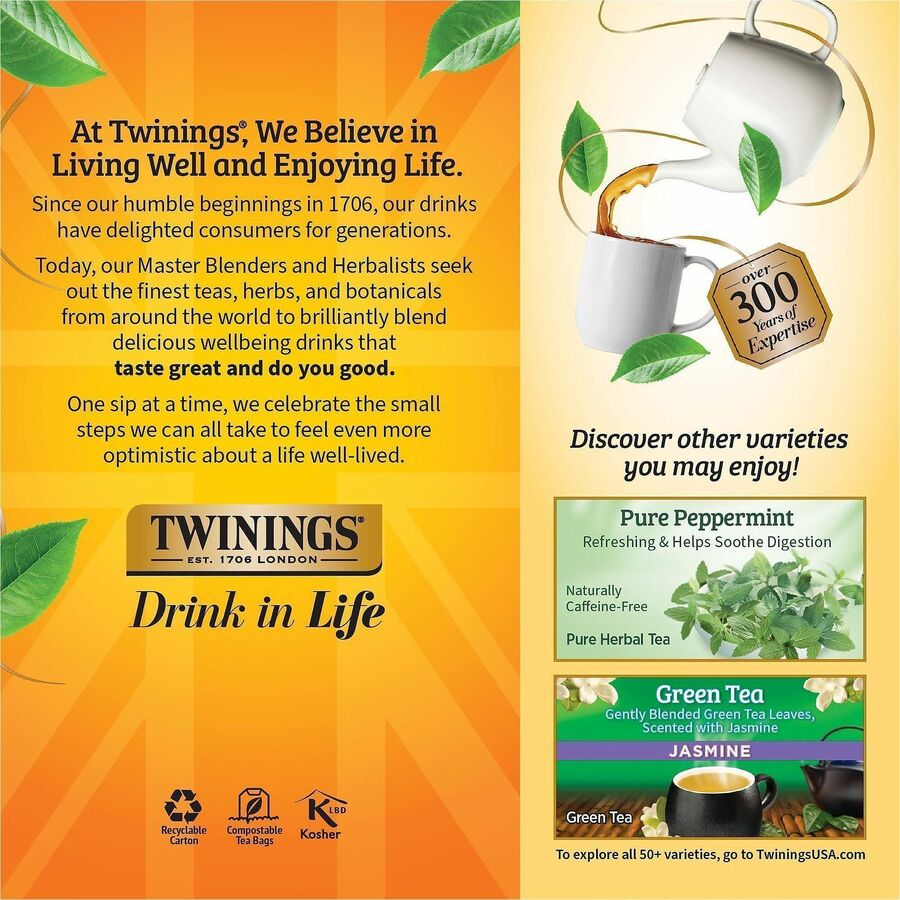 Twinings of London Lemon & Ginger Herbal Tea Bag - 1.3 oz - Decaffeinated - 25 / Box