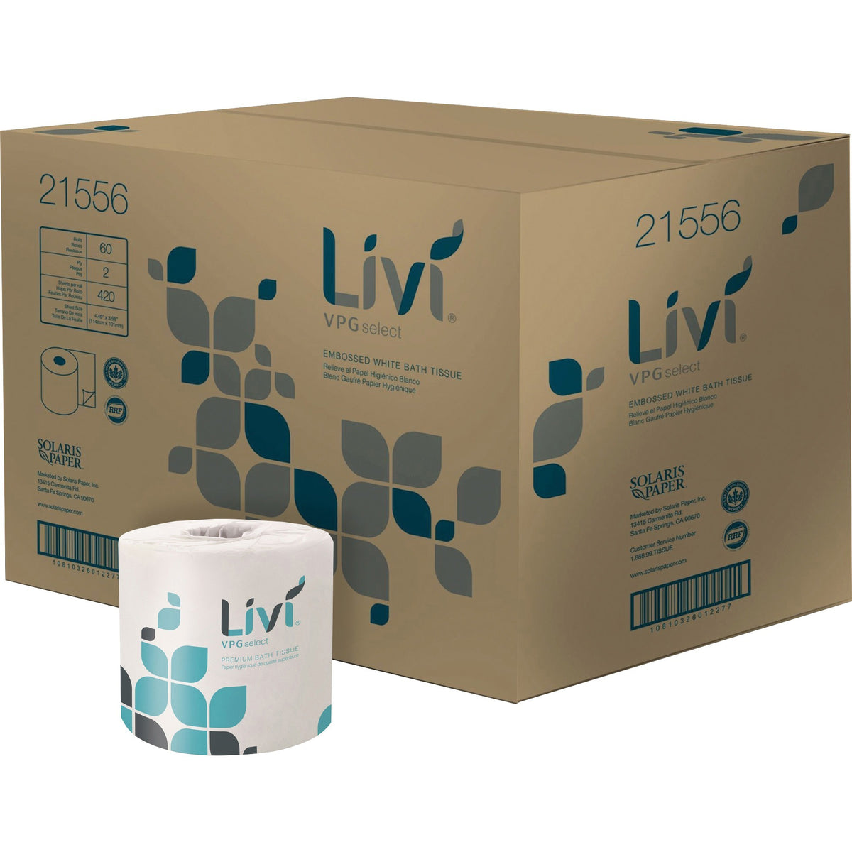 Livi VPG Select Bath Tissue - 2 Ply - 4.48" Width x 3.98" Length - 420 Sheets/Roll - Embossed - Bright White - Virgin Fi