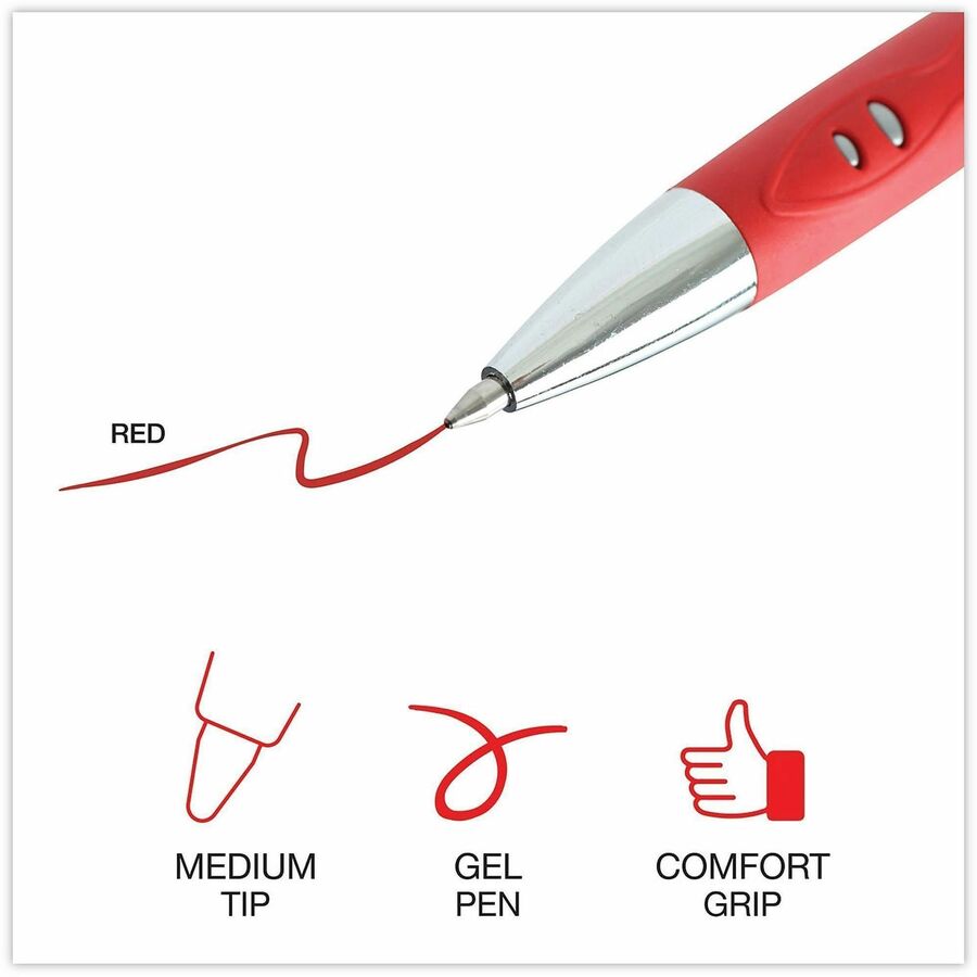 Universal Comfort Grip Gel Pen - 0.7 mm Medium Conical Pen Point - Retractable - Red Ink - Water Based - Gray, Red, Silv