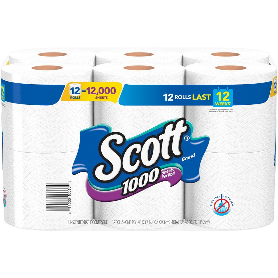 Scott 1000 1-ply 12Roll Bath Tissue - 1 Ply - 3.70" Width x 4.10" Length - 1000 Sheets/Roll - White - 12 / Pack