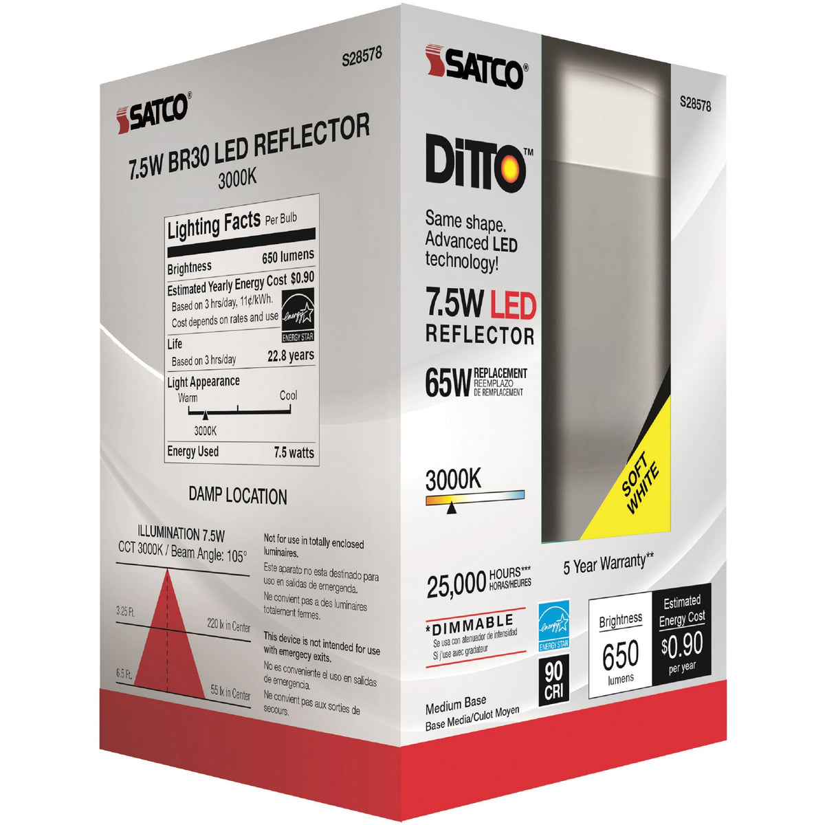 Satco Frosted LED Bulbs - 7.50 W - 65 W Incandescent Equivalent Wattage - 120 V AC - 650 lm - BR30 Size - Frosted White
