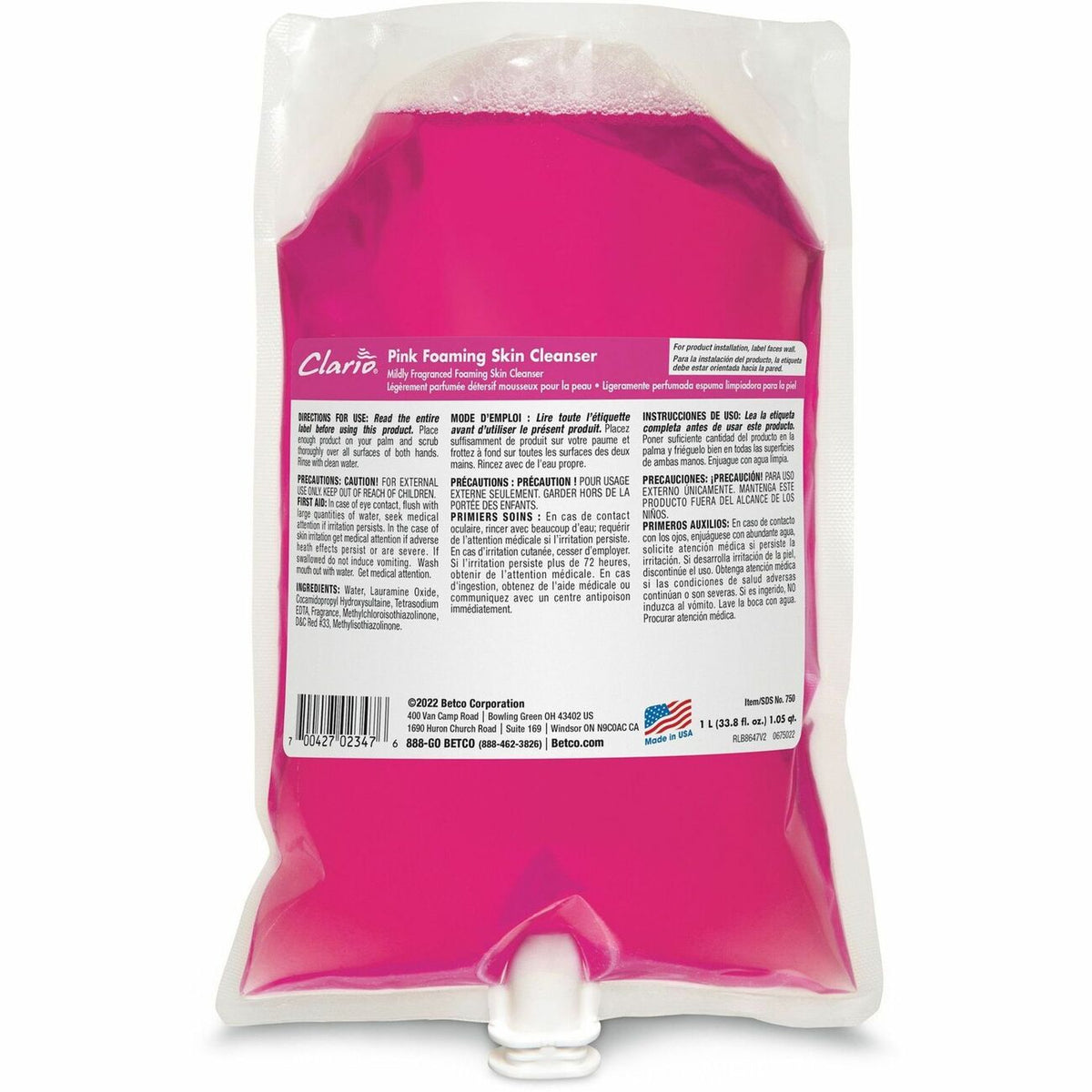 Betco Clario Pink Foaming Skin Cleanser Refills - 1.06 quart - Kill Germs - Skin, Hand - 6 / Carton