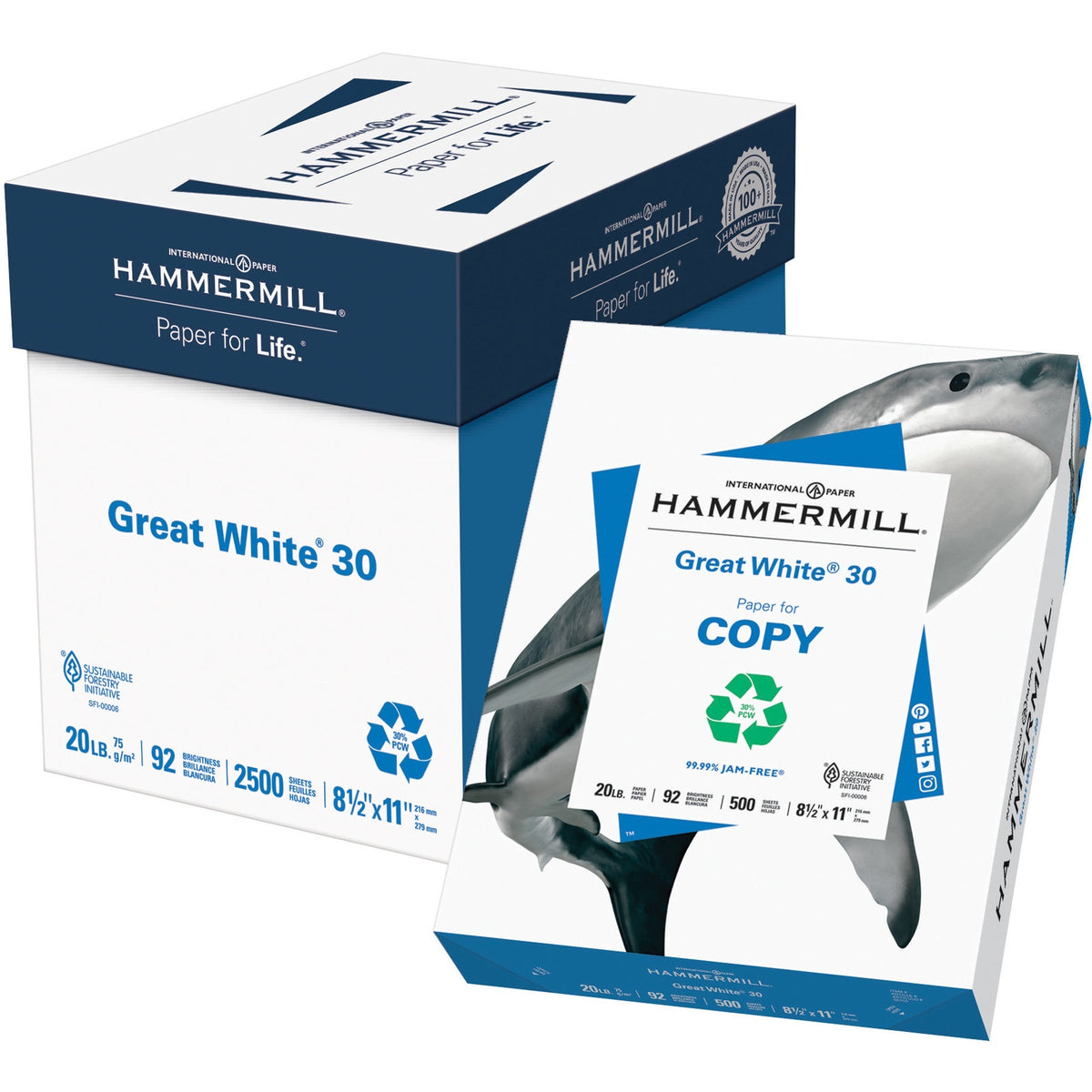 Hammermill Great White 30 Copy Paper - White - 92 Brightness - Letter - 8 1/2" x 11" - 20 lb Basis Weight - 75 g/m² Gram