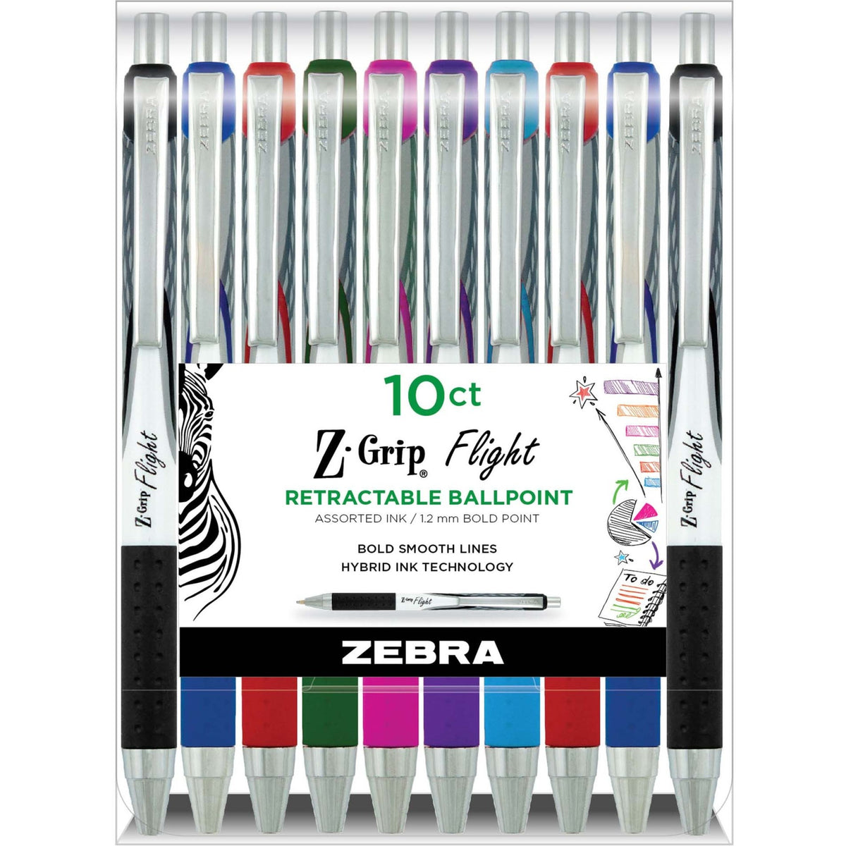 Zebra Pen Z-Grip Flight Retractable Pens - 1.2 mm Bold Pen Point - Retractable - Multi Ink - Gel-based - Assorted Plasti