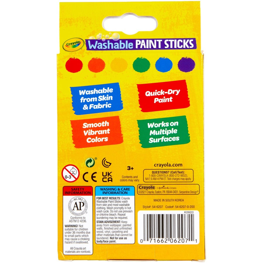 Crayola Washable Paint Sticks - Red, Orange, Yellow, Blue, Green, Purple - Washable - 6 / Pack