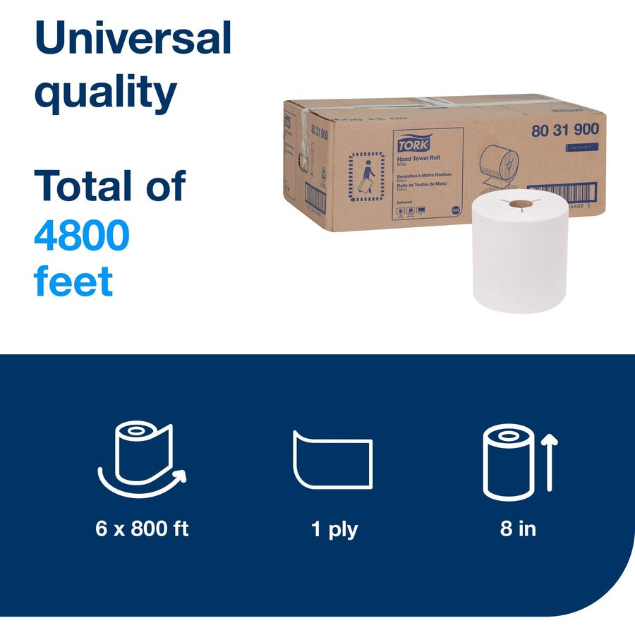 TORK Hand Towel Rolls H80 - 1 Ply - Multifold - 7.80" Roll Diameter - 1 15/16" Core - White - Fiber - 6 / Carton