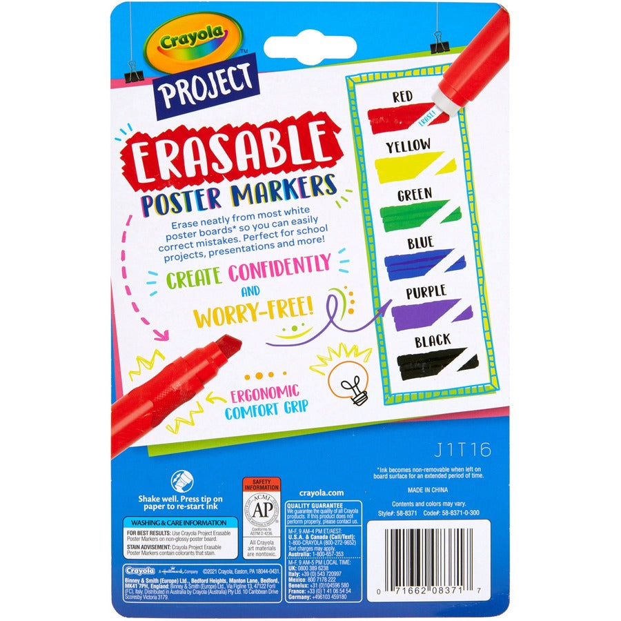 Crayola Project Erasable Poster Markers - Erasable - Red, Yellow, Green, Blue, Purple, Black Ink - 6 / Pack