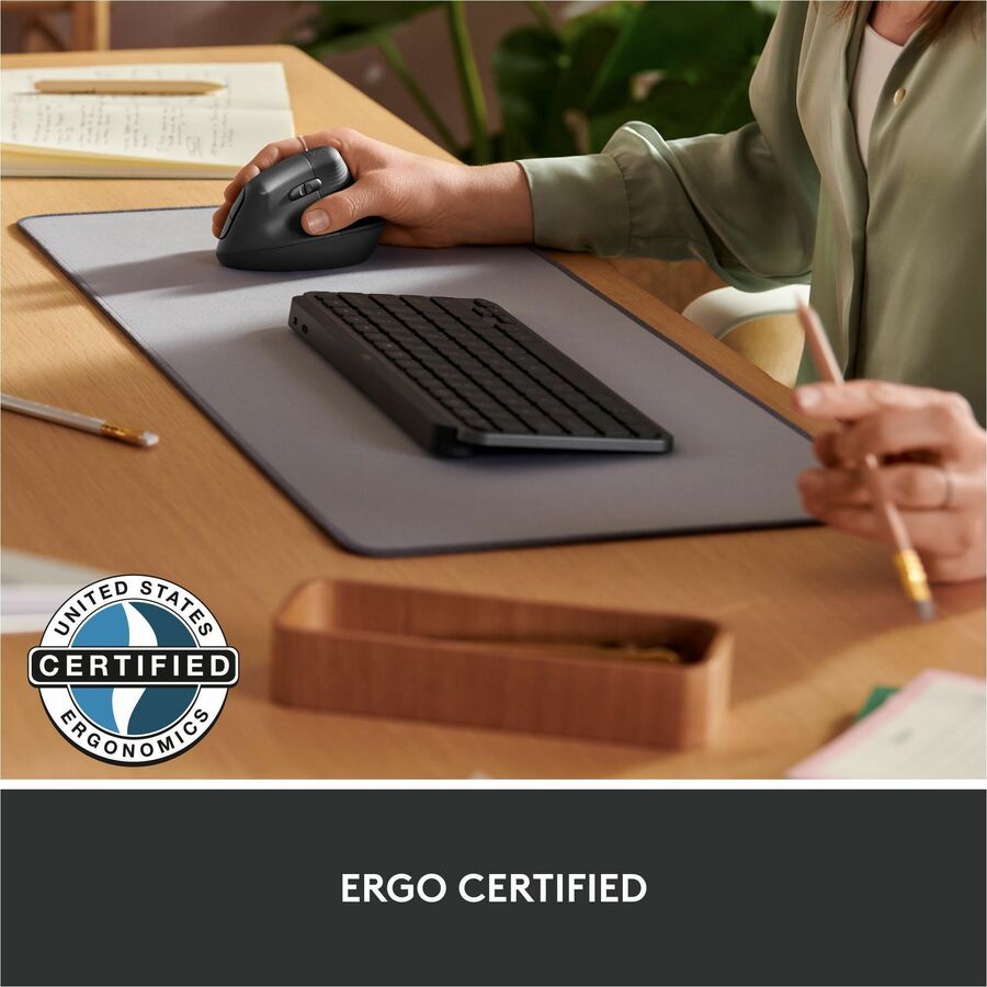 Logitech Lift Ergo Mouse - Optical - Wireless - Bluetooth/Radio Frequency - Graphite - USB - 4000 dpi - Scroll Wheel - 4