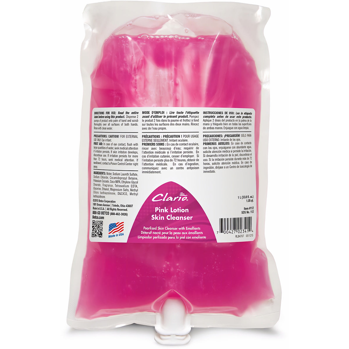 Betco Clario Dispenser Refills - Lotion - 1.06 quart - Clean Bouquet - Applicable on Hand - Skin - pH Balanced, Non-irri