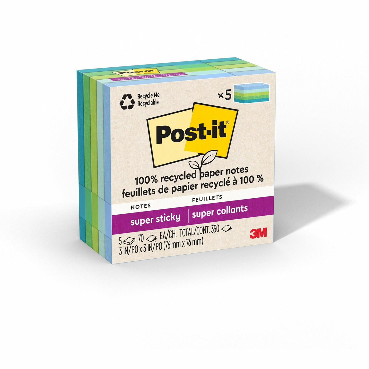 Post-it® Super Sticky Adhesive Note - 350 - 3" Flag/Note Width x 3" Flag/Note Length - Square - 70 Sheets per Pad - Asso