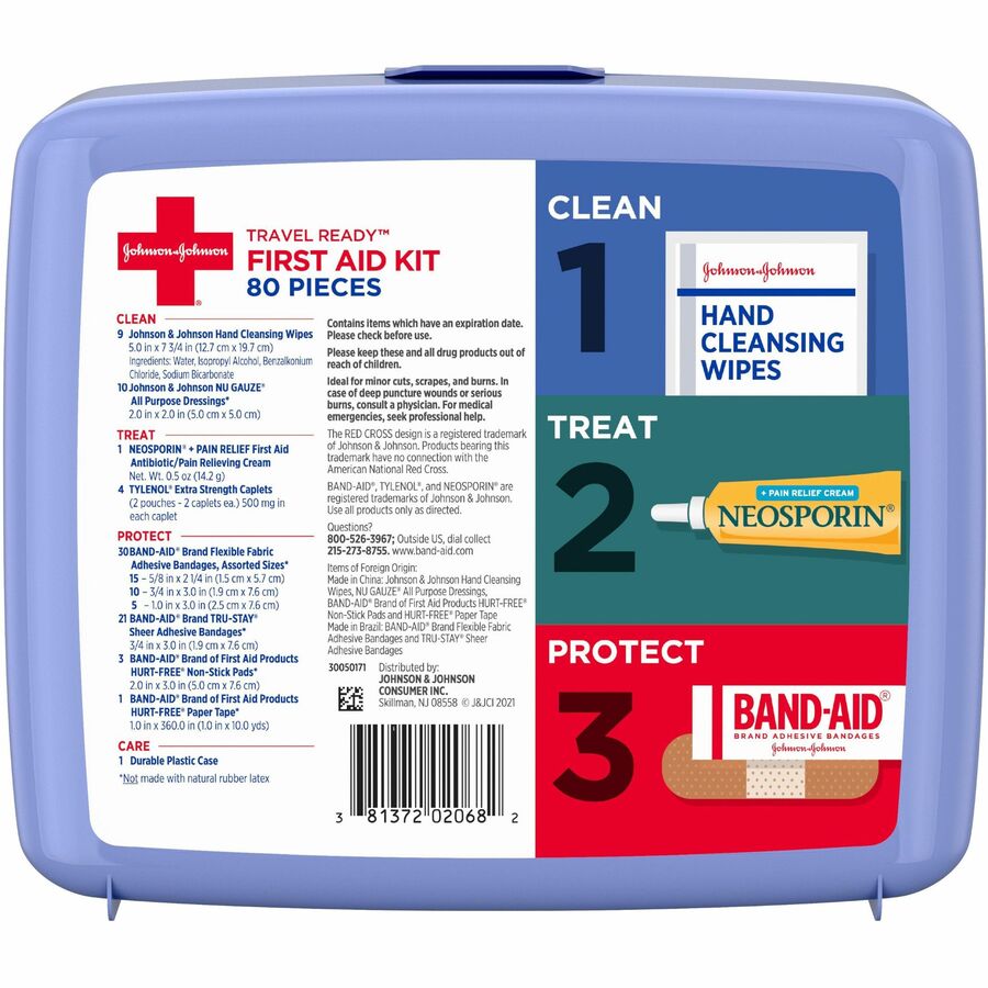Johnson & Johnson Travel Ready First Aid Kit - 80 x Piece(s) - 5.5" Height x 6.3" Width x 1.7" Depth - Plastic Case - Bl