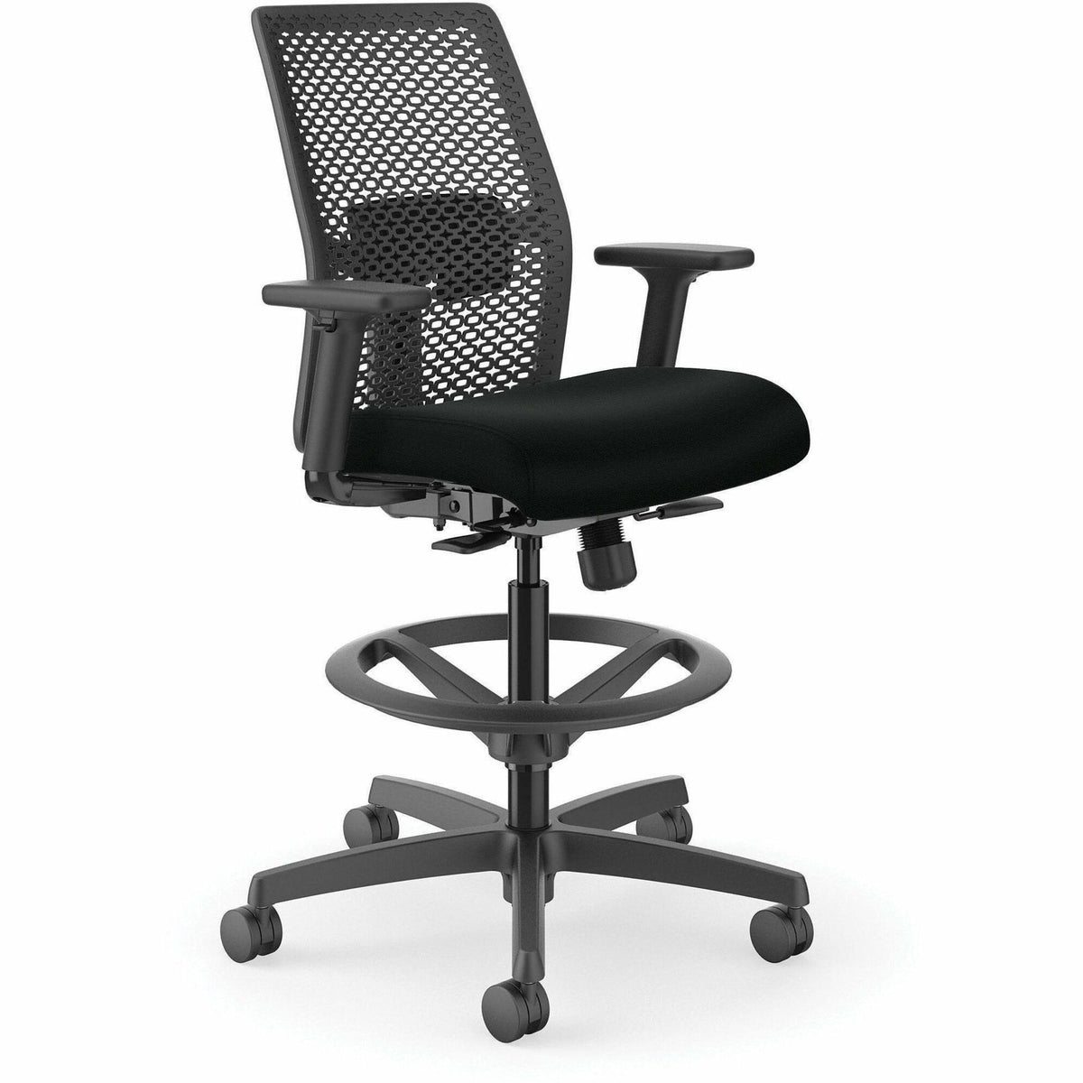 HON Ignition ReActiv Low-Back Task Stool - Black Seat Color - Molded Foam, Fabric Seat Material - Charcoal Back Color -