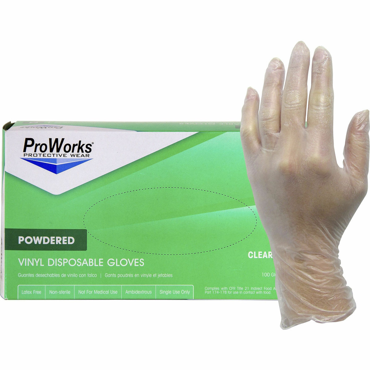 ProWorks Vinyl Powdered Industrial Gloves - 3 mil Thickness x 9" Glove Length - Small Size - Vinyl - Clear - Powdered, N