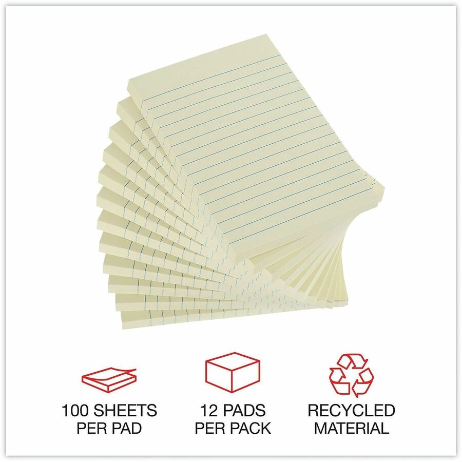 Universal Note Pad - 4" Flag/Note Width x 6" Flag/Note Length - Rectangle - 100 Sheets per Pad - Unruled - Yellow - Pape