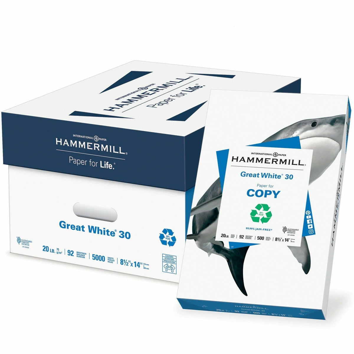 Hammermill Great White 30 Copy Paper - 92 Brightness - 88% Opacity - 8 1/2" x 14" - 20 lb Basis Weight - 75 g/m² Grammag