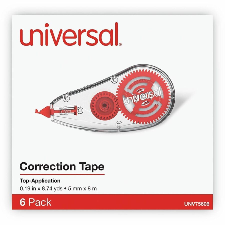 Universal Correction Tape - 0.20" Tape Width x 26.25 ft Tape Length - 1 Line(s) - White Tape - Clear, Red Dispenser - 6