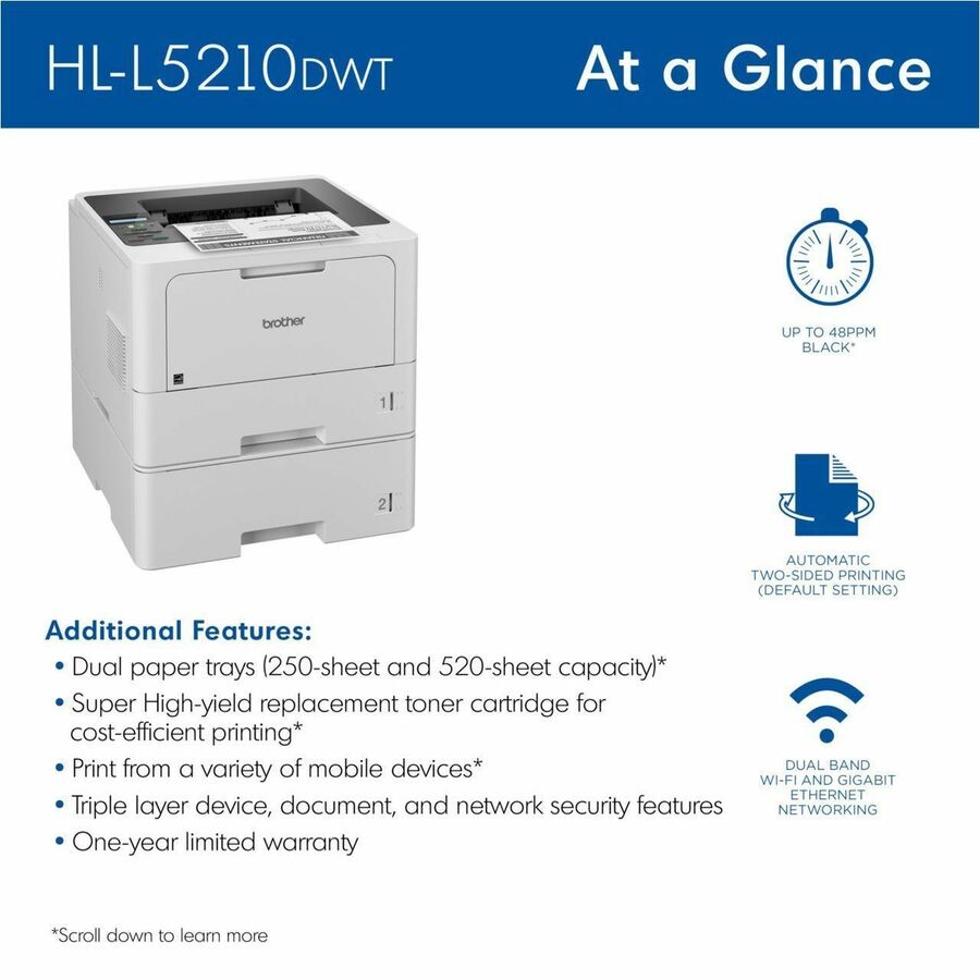 Brother HL-L5210DW Desktop Wireless Laser Printer - Monochrome - 48 ppm Mono - 1200 x 1200 dpi Print - Automatic Duplex