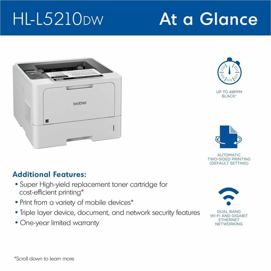 Brother HL-L5210DW Desktop Wireless Laser Printer - Monochrome - 48 ppm Mono - 1200 x 1200 dpi Print - Automatic Duplex