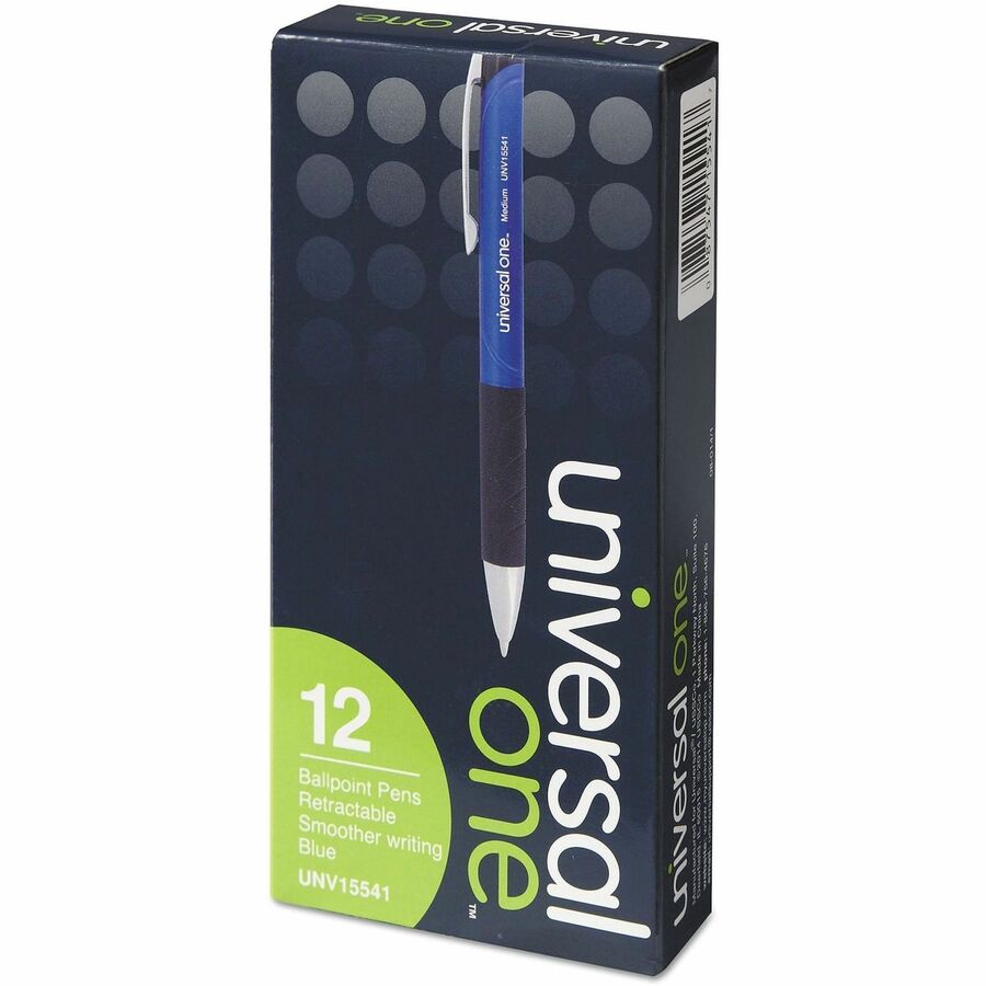 Universal Comfort Grip Ballpoint Pen - 1 mm Medium Conical Pen Point - Retractable - Blue Ink - Blue, Black Barrel - 12