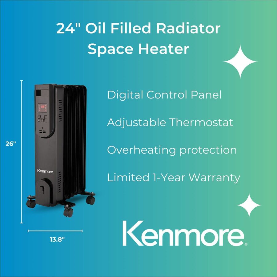 Kenmore 24" Oil-Filled Radiator Space Heater - Oil Filled - 1500 W - Timer - Office, Room, Kitchen - Black