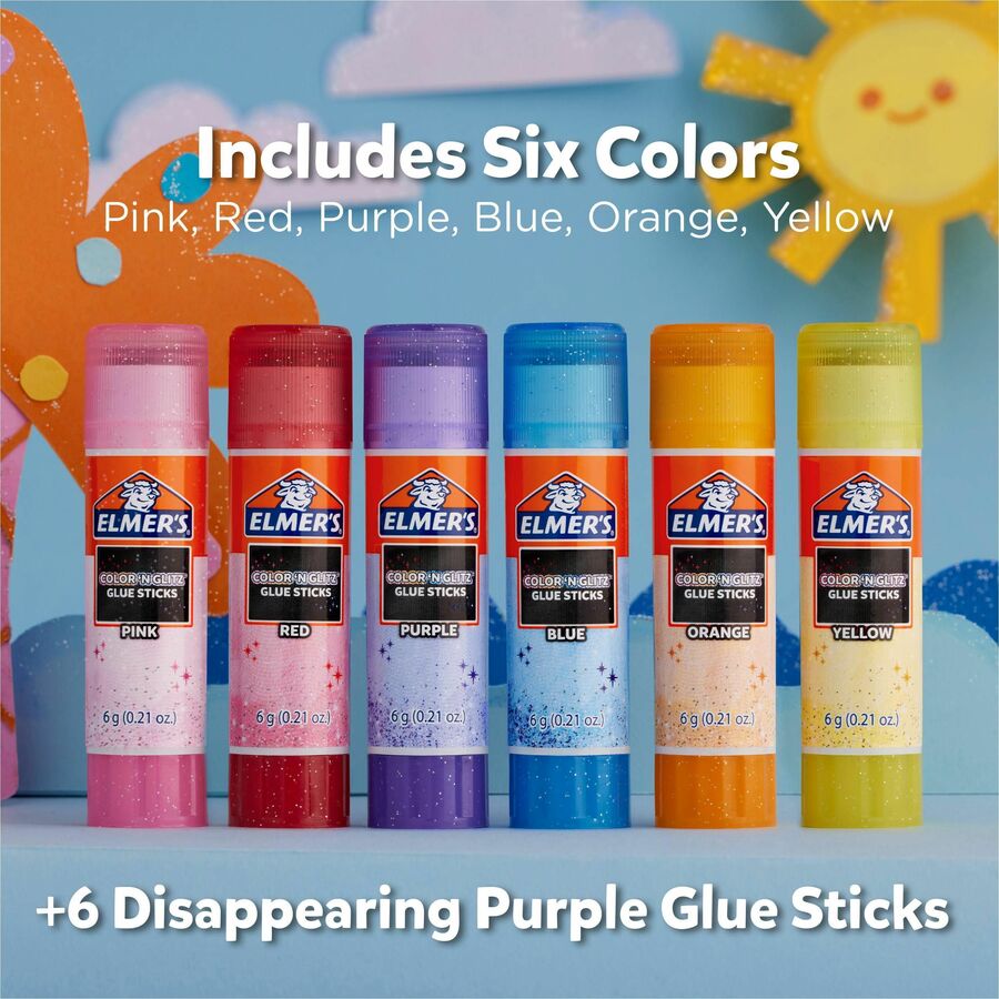 Elmer's Color 'N Glitz Glue Sticks - 0.21 oz - Red, Blue, Pink, Yellow, Orange, Purple - 12 / Pack