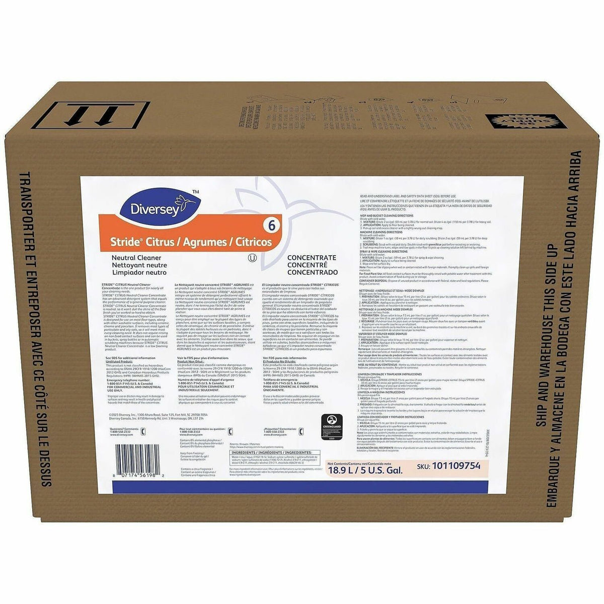 Diversey Stride Neutral Concentrated Cleaner - For Floor - Concentrate - Liquid - 640 fl oz (20 quart) - 6.5 to 7 pH - C