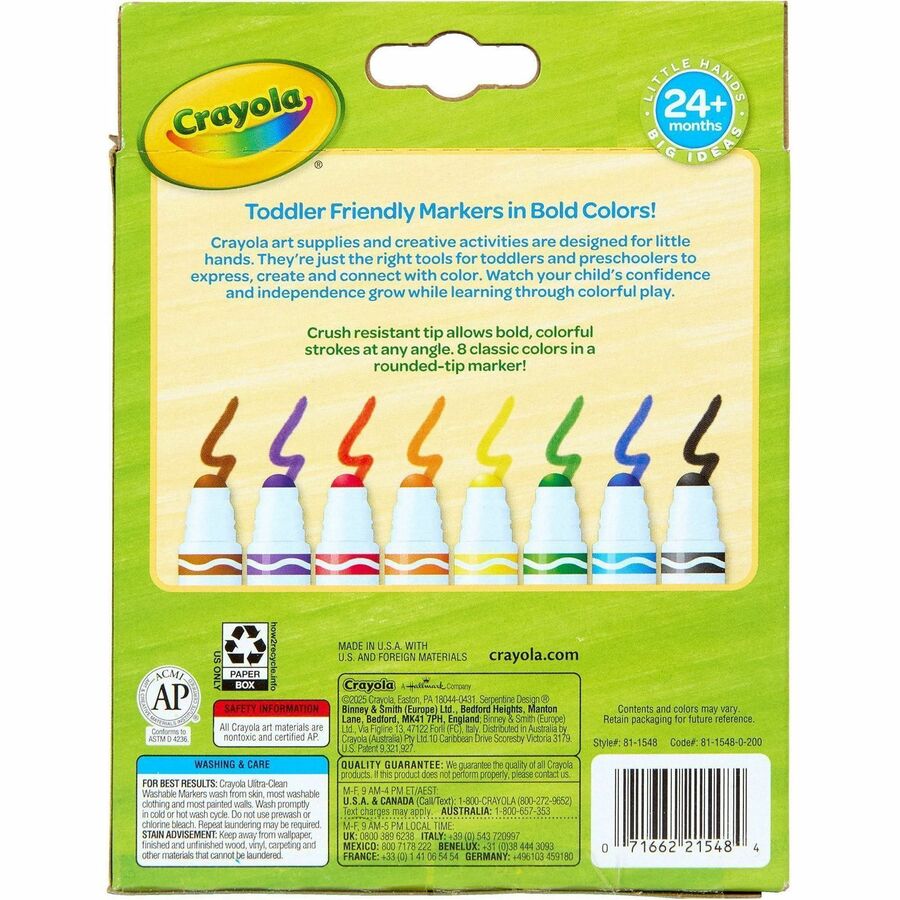 Crayola Crush Resistant Washable Toddler Markers - Washable - Multi Ink - 8 / Pack