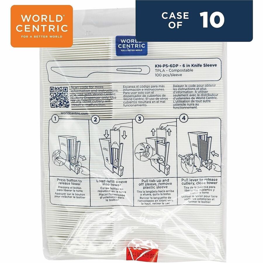 World Centric Compostable White Utensil Refill Sleeves - Knife - Knife - Cafeteria, Breakroom - Talc-filled Polylactic A