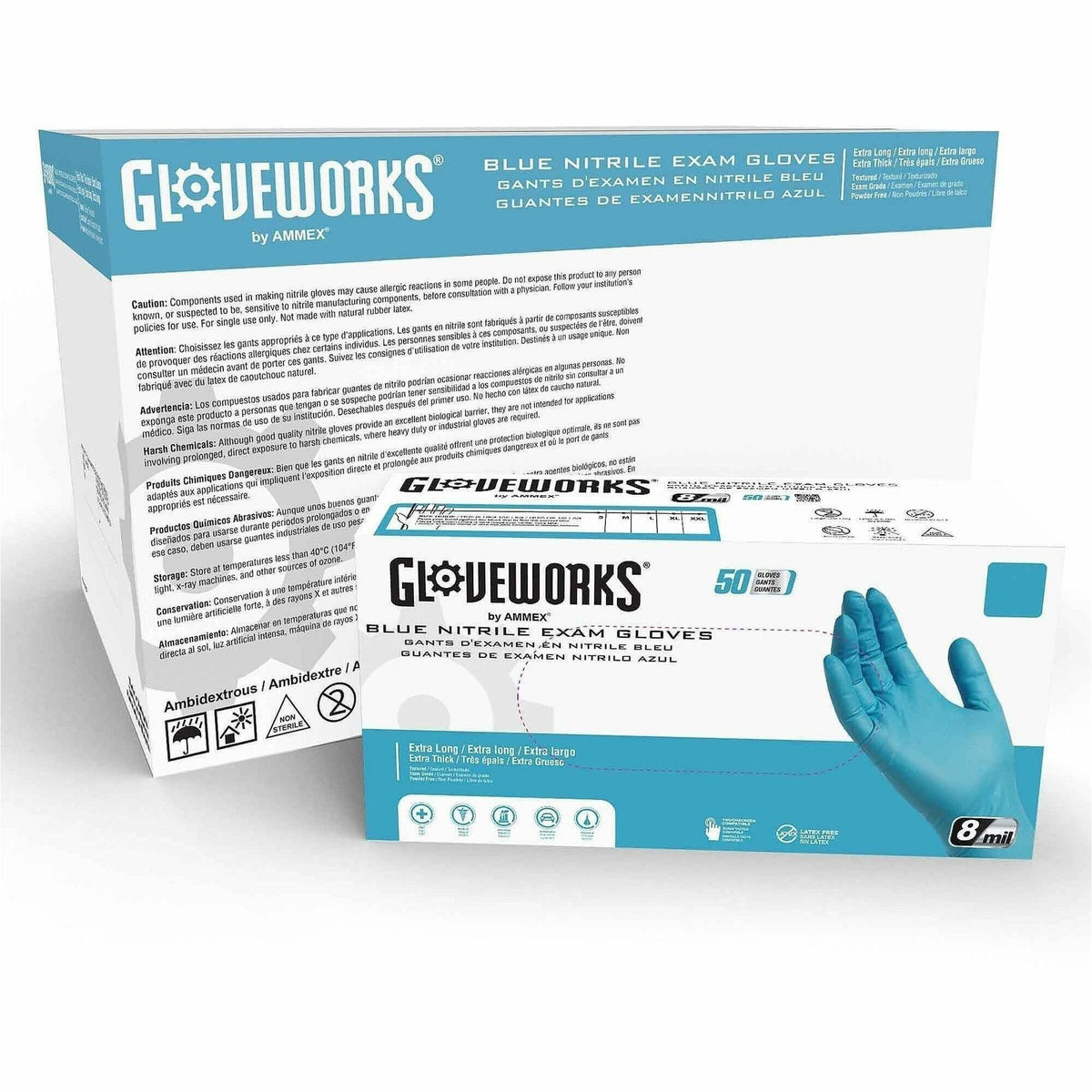 Gloveworks Blue HD Nitrile Powder-Free Exam Gloves - 7 mil Thickness x 11.61" Glove Length - 10 / Carton
