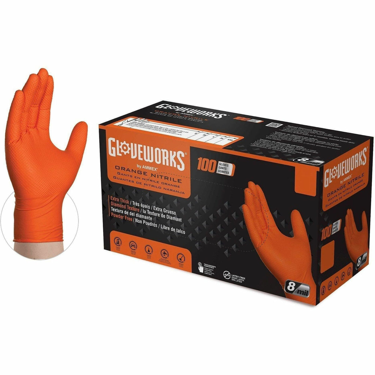 Gloveworks Industrial RDT Powder-Free Nitrile Gloves - 8 mil Thickness x 9.45" Glove Length - Chemical Protection - Poly