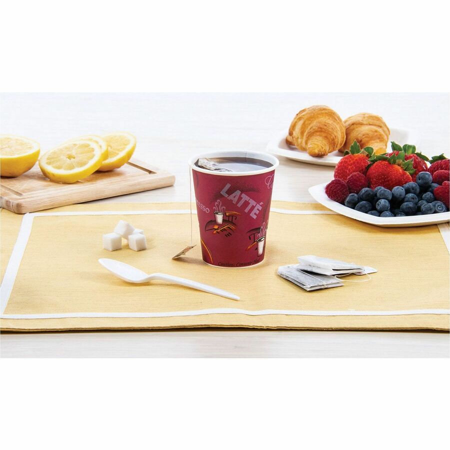 Solo 8 oz Bistro Design Disposable Paper Cups - Bistro - 8 fl oz - Maroon - Paper - Beverage, Hot Drink, Cold Drink, Cof