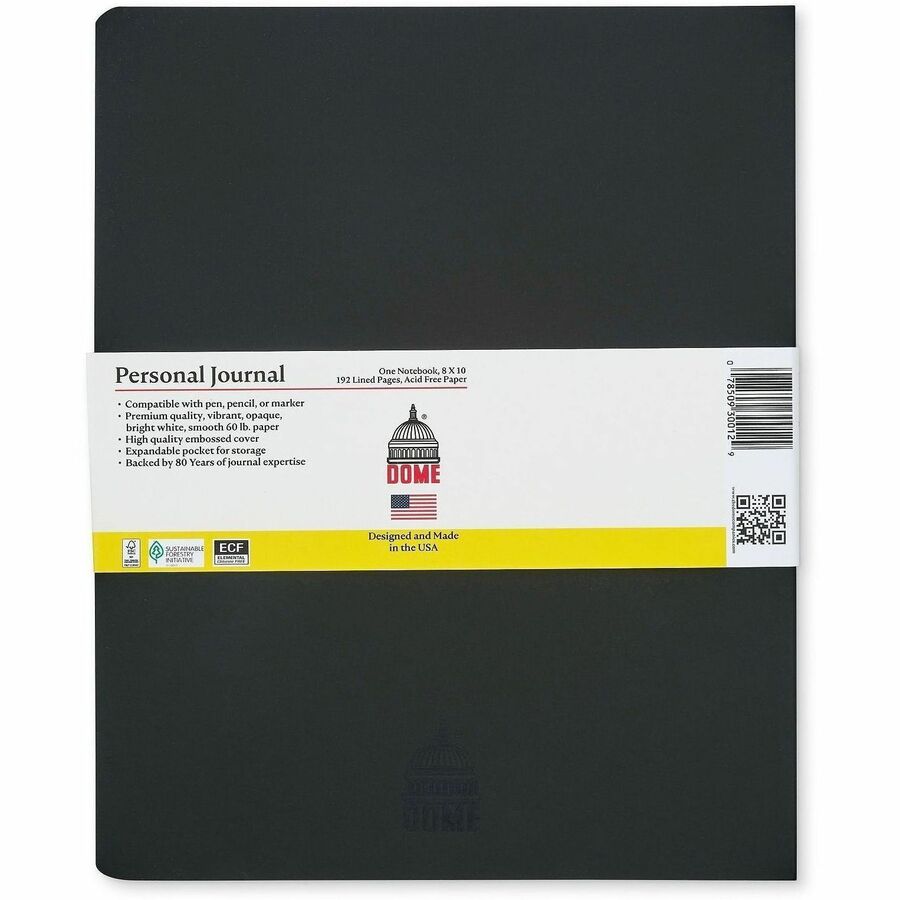 Dome Personal Journal - 8×10 Inch Softcover Black Lined Journal Notebook - 192 Pages - 60 lb Basis Weight - 8" x 10" She