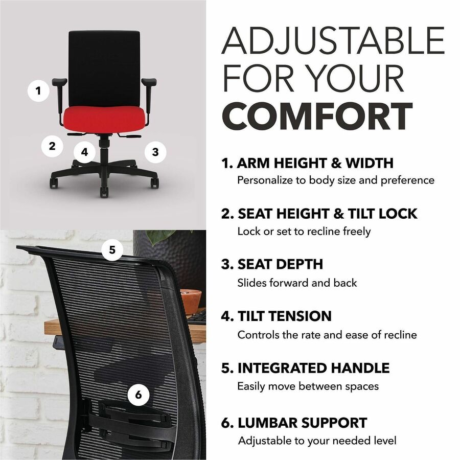 HON Convergence Synchro Tilt Task Chair - Black Back Color - Mesh Back Material - 5-star Base - Red - Armrest - 1 Each