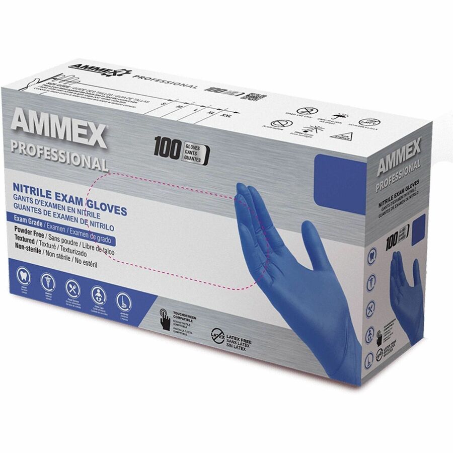 Ammex Nitrile Powder-Free Exam Gloves - 3 mil Thickness x 12.36" Glove Length - Body Fluid, Pathogen Protection - Small