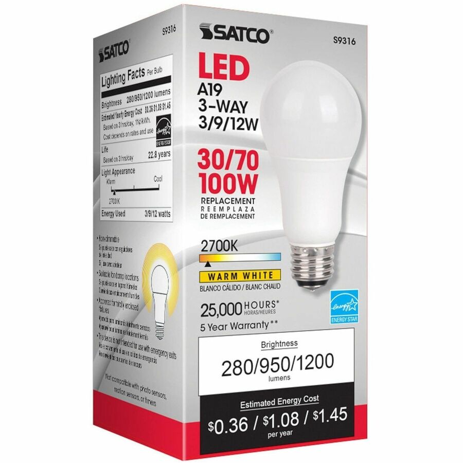 Satco A19 LED Frosted Bulb - 12 W - 100 W Incandescent Equivalent Wattage - 120 V - 1200 lm - A19 Size - Frosted - 1 Eac