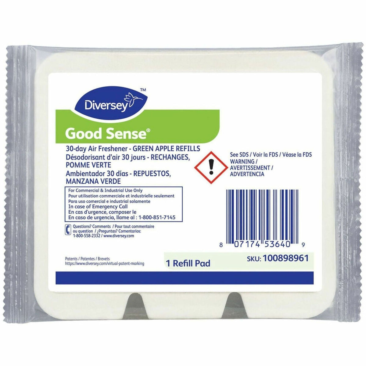 Diversey GoodSense 30Day Air Freshener Refills - Pad - 0.6 fl oz (0 quart) - Green Apple - 30 Day - Odor Neutralizer - 1