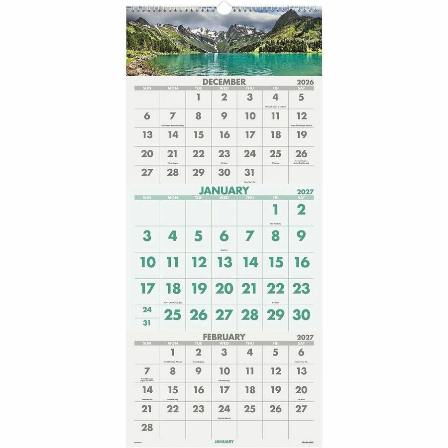 At-A-Glance Scenic 3-Month Wall Calendar - Large - Monthly - 14 Month - December 2026 to January 2028 - 3 Month Single P