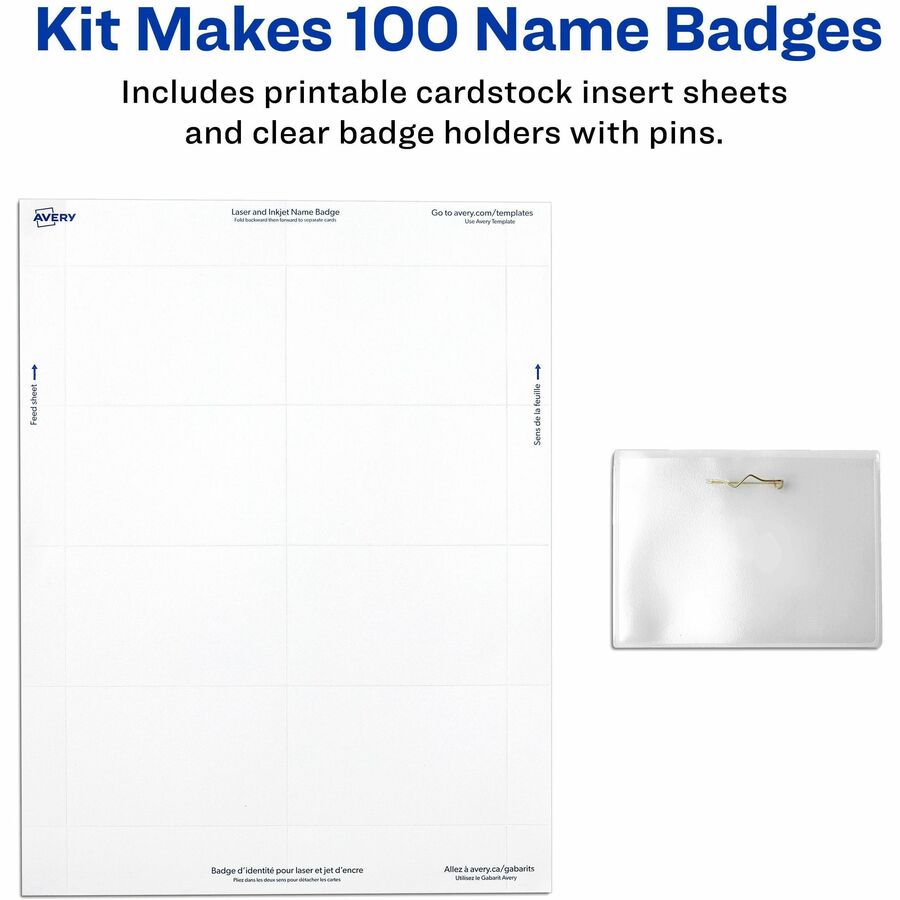 Avery® Pin-Style Name Badges - 3 1/2" x 2 1/4" - White, Clear - 100 / Box