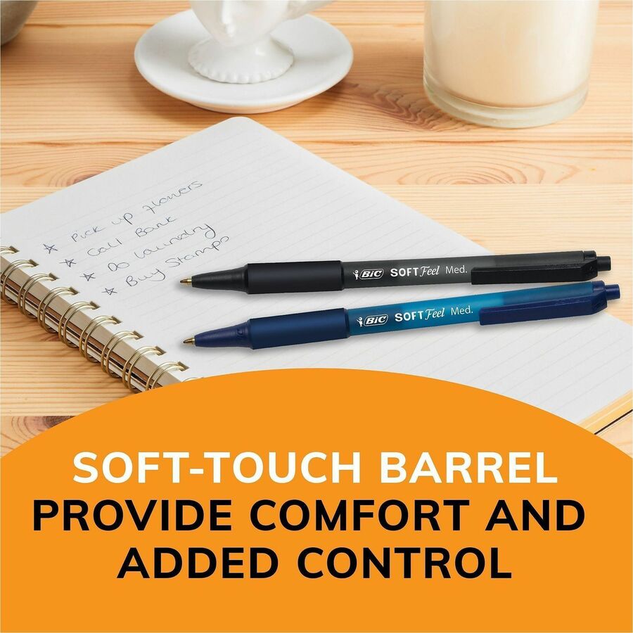 BIC SoftFeel Retractable Ball Pens - Fine Pen Point - Retractable - Black Ink - Black Rubber Barrel - 12 / Dozen