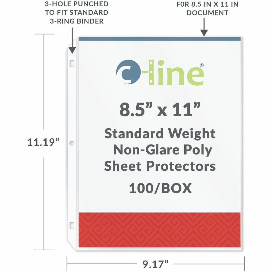 C-Line Poly Top-loading Sheet Protectors - For Letter 8 1/2" x 11" Sheet - 3 x Holes - Ring Binder - Non-glare - Polypro