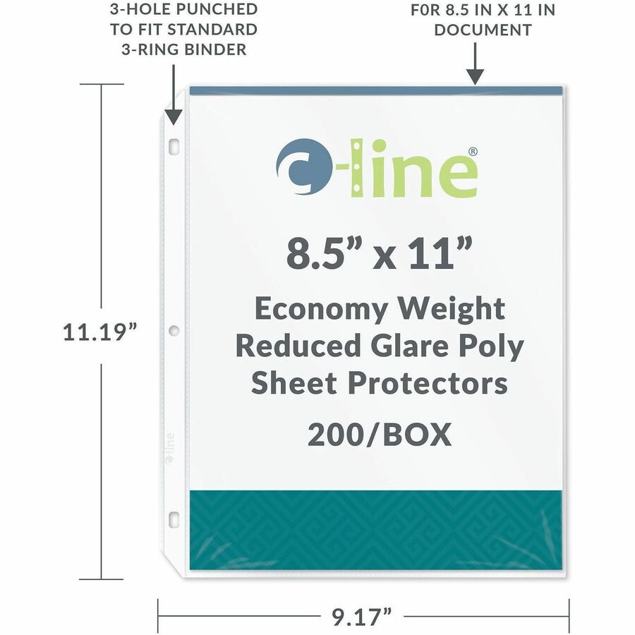 C-Line Poly Top-loading Sheet Protectors - For Letter 8 1/2" x 11" Sheet - 3 x Holes - Ring Binder - Clear - Polypropyle